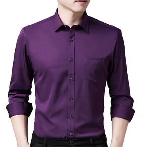 Roxo Camisas Homens Casual Manga Longa Satin Mens Camisa Slim Trabalho de Negócios Camisas Não Ferro Chemise Sólida Homme 26 + Cores 210524