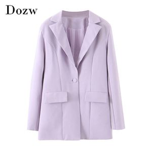 Blazer da donna Solid Chic Blazer manica lunga monopetto giacca viola tasche con colletto dentellato cappotto casual streetwear 210515