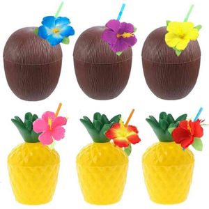 12 pcs Havaí festa coco abacaxi copos luau flamingo verão praia aniversário havaiano decoração tropical 210925