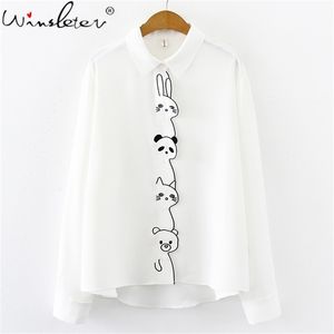 Cute Shirt Women Cartoon Embriodery Blouses Cotton Long Sleeve Turn Down-Collar Tops for Lady Girl T03505B 210421