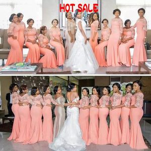 2021 Stunning Mermaid Bridesmaid Dress Long Formal Wedding Guest Dress Peach Coral Mint Turquois Custom Sheer Lace Bateau Bridesmaids Gown Sleeve