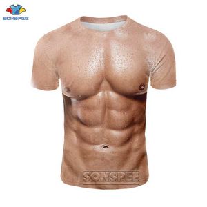 Sonspee homens de verão homens falsos t - shirts 3d impressão forte pectorales padrão t camisa mulheres ginásio abdominal tshirts streetwear x0621