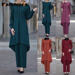 Muslim Two Piece Set Women Dress Asymmetry Abaya Sets Long Blouse Wide Leg Pants Kaftan Party Ramadan Eid Turkey Suits Islamic Y0625