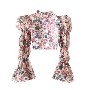 Kadınlar Bluz Çiçek Baskı Fener Uzun Kollu Gömlek Üst Yaz Meslek Pink B0552 210514