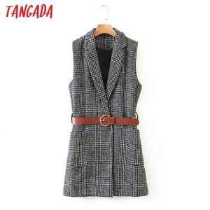 Tangada Kvinnor Plaid Pattern Long Vest Coat With Belt Office Ladies Waistcoat Ärmlös Blazer Elegant Top 3Z42 210609