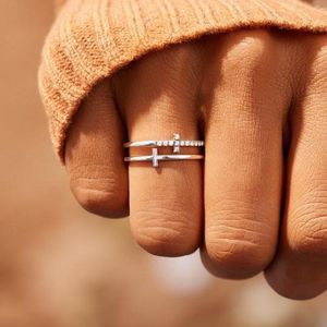 Cluster Rings Minimalist Zircon Cross For Women Girls Double Layer Crystal Ring Gold Silver Plated Open Adjustable Jewelry