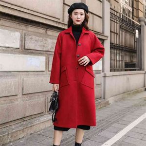 Arrival Winter Korea Fashion Women Long Wool Coat Double Pocket Loose Outerwear Top Quality Warm Black Coats S265 210512