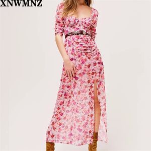 Whisper-weight autumn floral print chiffon maxi dress feminine Fitted bodice buttons along thigh-high slit draped Puff Sleeves 210510
