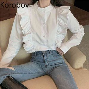 Korobov ny ankomst vit blusar koreanska chic långärmad ruffles kvinnlig skjorta vintage elegant singel breasted blusas mujer 210430