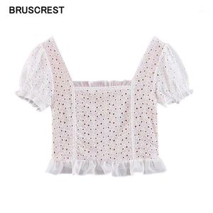 Sommar Vintage Puff Sleeve Top Crop Women Ruffle Square Neck Blus Blom Broderier Casual White Shirts Kvinnors Blusar