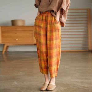 Johnature Women Vintage Plaid Harem Pants Elastic Waist Linen Trouser Summer Pockets Female Clothes Loose Casual Pants 210521
