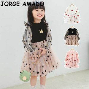 Kids Dresses for Girls Autumn Knitted Crown Strawberry Long Sleeve Star Style Princess E8987 210610