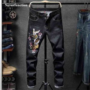 Mężczyźni Streetwear Haft Bird Stretch Skinny Jogger Jeans Moda Marka Mężczyzna Bawełna Denim Czarne Niebieskie Spodnie 210716