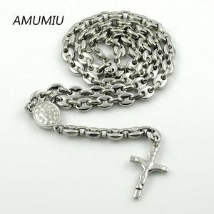 AMUMIU Romantic Rosary Beads chain Cross Religious Party Music Lover StainlSteel Necklace Womens Mens Wholesale HZN095 X0707