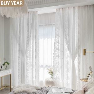 Korean Curtain for Living Dining Room Bedroom Idyllic Lace Balcony Bay Window American Country Style Jacquard Tulle Curtain 210712