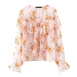 Stylish Chic Ruffles Floral Print Blouses Spring Fashion Women Buttons Flare Sleeve Shirts Elegant Ladies Chic Tops 210520