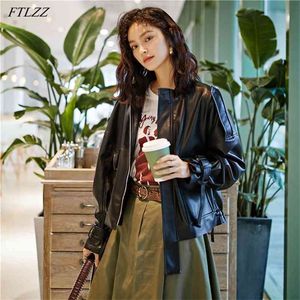 Autumn Faux Leather Soft Jacket Women Big Pocket Loose Jackets BF Motorcycle Coat Lady Puff Sleeve Chic Pu Outwear 210430