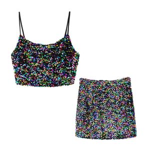 Parlak Glitter Tasarımları Tank Tops Moda Straplez Kırpma Kayışı Kolsuz Yelek Dans Kaşkorse Suit A-Line Etek 210430