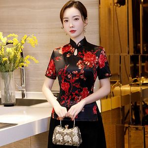 Plus size kortärmad skjorta Toppar Sommar Kvinnor Cheongsam Traditionell kinesisk stil Rayonblus Lady Mandarinkrage Qipao S-5XL Damblom