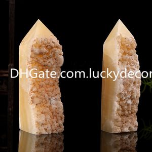 Amarelo Calcite Quartz Cristal Cluster Torres Artesanato Irregular 4 Fashion Natural Druzy Gede Gede Gemstone Mineral Point Obelisk Wand para Reiki Cura e Grade de Cristal