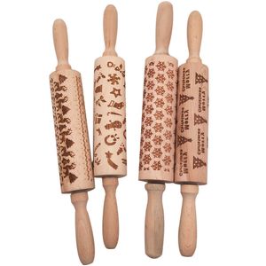 Julgravad Rulle Reindeer Snowflake Embossing Rolling Pin för Cookies Verktyg Nudel Biscuit Fondant Cake Printing Mold 211008