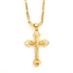 Ciondolo croce da donna 24 k solido oro giallo fine GF CZ linee di ciondoli collana fabbrica di gioielli cristiani regalo di Dio
