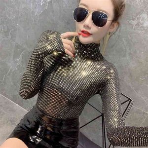 Spring Fall Bright Gold T-Shirt Korean Clothes Sexy Shiny Women Turtleneck Tops Bottoming Shirt All Match Tees T9D608 210720