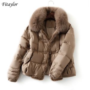 Fitaylor Winter Women Real Fur Collar 90% White Duck Down Jacket Ladies Warm Puffer Coat Female Vintage Button Thick Parkas 211216