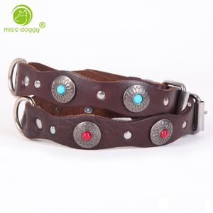 Dog Collars Leashes Brown Genuine Leather Collar For Large Dogs Pitbull Ethnic Pet Necklace With Diamonds Personalized Basic M L