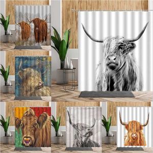 Highland Cow Animal Dusch Gardiner Set Wild Cattle Bathroom Bath Decors Vattentät Tyg Nordiska Väggdekoration Gardin Tillbehör 210609