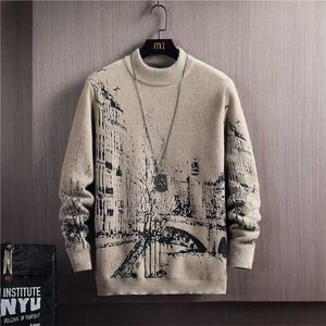 Anime Mönster Pullovers Men Slim Tröjor Höst Vinter Tjock Varm Mäns Tröja Casual Round Collar Knitwear Sweater Mens 211006