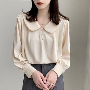 Kvinnors Blusar Skjortor Vår Höst Långärmad Skjorta Kvinnor Business Doll Collar Crewneck Chiffon Blus Kvinna Sommar Mode Toppar