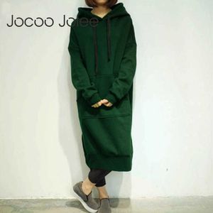 Jocoo jolee kvinnor lång tröja klänning vinter kvinnor avslappnad huva långärmad split fleece lös parti pullover vestido 210619