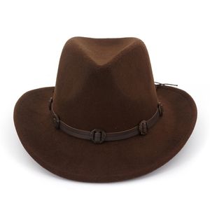 European US Wide Brim Woolen Felt Jazz Panama Hat Western Cowboy Cowgirl Hats with Leather Decorated Trilby Fe for Men Women 220302