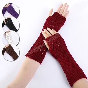 Inverno Mulheres Quentes Luvas Sem Fingeres Knitting Hollow Folhas Braço Luvas Ao Ar Livre Esporte Ciclismo Mitten Feminino Meio Dedo luvas