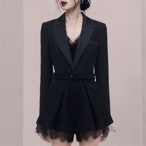 Spring Business Black Playsuits V-Neck Patchwork Lace Long Sleeve Come With Belt OL Jumpsuits Blazer Rompers Mujer 210514