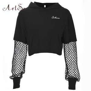 Artsu Black Cropped Bluza z długim rękawem Top Kobiety Bluzy Z Kapturem Streetwear KPOP Harajuku Hoodie Mesh Hoody Odzież 211104