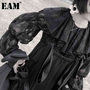 [EAM] Women Black Lace Blouse Peter Pan Collar Long Lantern Sleeve Loose Fit Shirt Fashion Spring Autumn 1DD6778 21512