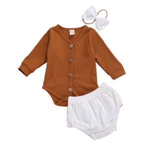 0-24M born Infant Baby Girls Clothes Set Autumn Long Sleeve Knitted Romper Tops Ruffles Shorts Outfits Vintage Costumes 210515