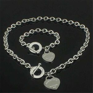 Christmas Gift 925 sterling Silver Love Necklace+Bracelet Set Wedding Statement Jewelry Heart Pendant Necklaces Bangle Sets 2 in 1