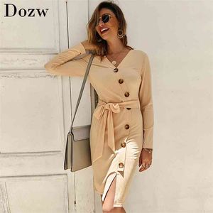 Sexy V Neck Autumn Long Sleeve Women Knitted Sweater Dress Solid Casual Sashes Bodycon Button Midi Party Robe Femme 210515