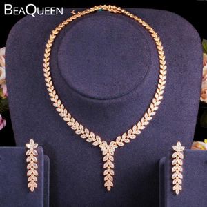 BeaQueen Luxus Dubai Gold Farbe Blatt Hochzeit Schmuck-Set Kubikzircon Lange Tropfen Ohrringe und Halskette Sets für Frauen JS278 H1022