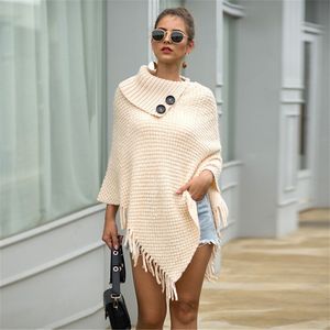 Mulheres Poncho Winter Cabo Coreano Coroa Alta Coleira Dois Borracha Borla Bloak Camisola Slim Casaco Lã Luxo Quente 210428