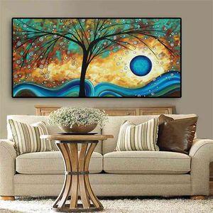 Abstrato árvore pôr do sol onda pintura a óleo sobre cartaz de lona e impressões escandinavos arte de parede para sala de estar cuadros decor 210827