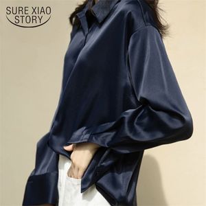 Autumn Fashion Button Up Satin Silk Shirt Vintage Blouse Women White and Blue Lady Long Sleeves Female Loose Street Shirts 11355 210323