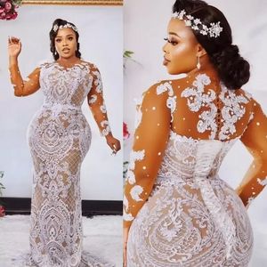 Aso Ebi Champagne Mermaid Wedding Dresses Bridal Gowns Jewel Neck Long Sleeves White Lace Appliques Beads Corset Back Plus Size ro220f