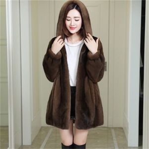 Outono Inverno Imitação Mink Veludo Overcoat Mulheres Grosso Quente Outwear Com Capuz Meia Comprimento Faux Pele Casaco Fêmea Parka D369 211110