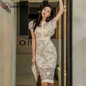 Sexy Frauen Sommer Floral Spitze, Figurbetontes Kleid Mode Stehkragen Schmetterlingshülse Hollow Out Wear Party Kleider 210603