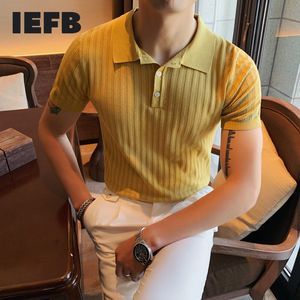 IEFB Yaz erkek Giyim Buz Ipek Kısa Kollu Katı Renk Polo Gömlek İngiliz Slim Fit Yaka Örme Rahat Tee Tops 9Y6668 210524