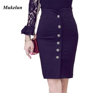 Plus Size Sexy Kobiety Office Spódnica Lato Slim Bodycon High Waist Button Split Formalna Pani Czarny Ołówek Spódnice Kobiet 210621